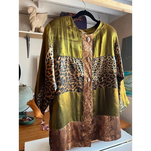 Vintage 90s, Jacket, Cat Print, Green Brown, Gold, Bold - Picture 1 of 7